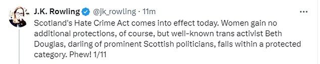 The Harry Potter author ridiculed the legislation a string of tweets on X where she sarcastically urged her followers to respect 'lovely Scottish lass' Isla Bryon - a convicted double rapist