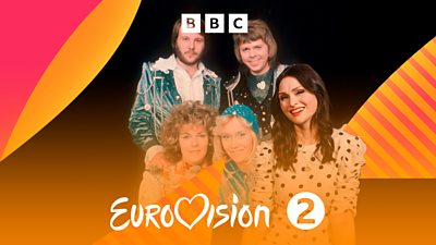 Image of Abba and image of Sophie Ellis Bextor. Eurovision in text with Radio 2 branding