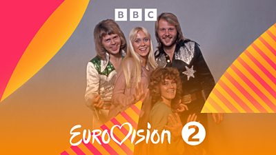 Image of ABBA wearing sparkly costumes. Eurovision in text with Radio 2 branding