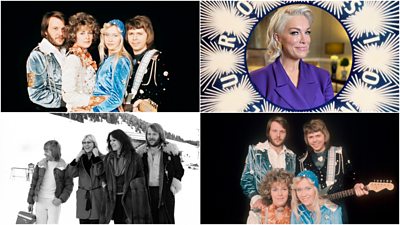 Collage of images of ABBA and one of Hannah Waddingham