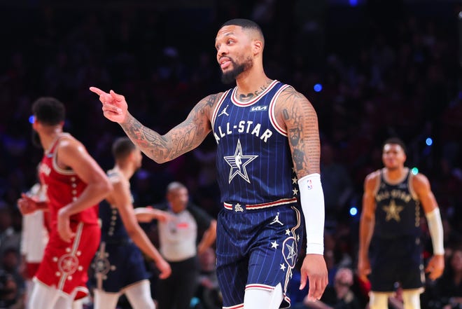 INDIANAPOLIS, INDIANA - FEBRUARY 18: Damian Lillard #0 of the Milwaukee Bucks and Eastern Conference All-Stars reacts in the fourth quarter against the Western Conference All-Stars during the 2024 NBA All-Star Game at Gainbridge Fieldhouse on February 18, 2024 in Indianapolis, Indiana. NOTE TO USER: User expressly acknowledges and agrees that, by downloading and or using this photograph, User is consenting to the terms and conditions of the Getty Images License Agreement. (Photo by Stacy Revere/Getty Images)