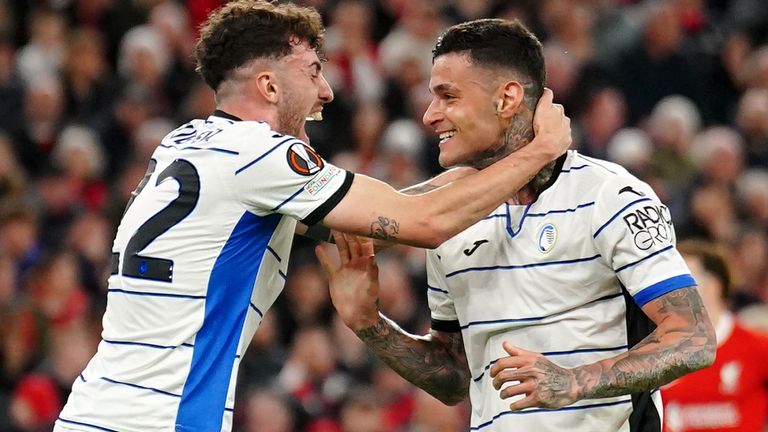 Atalanta's Gianluca Scamacca (right) celebrates with Matteo Ruggeri after putting the Italian side ahead against Liverpool