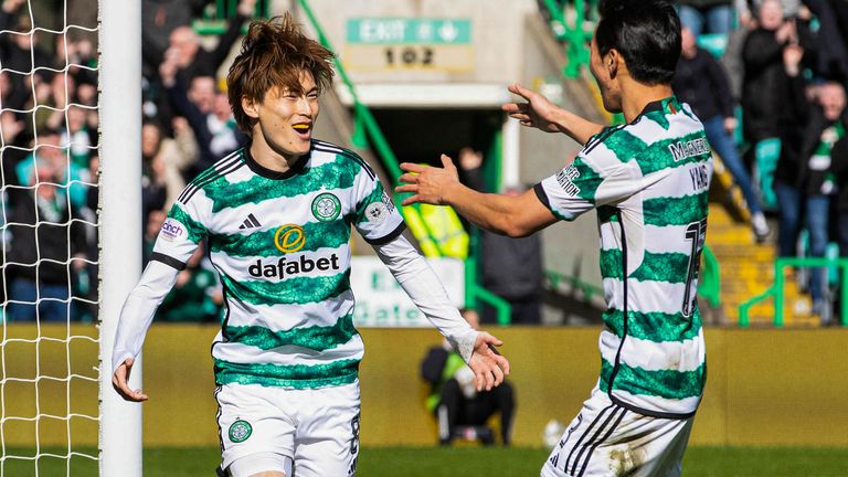 Celtic's Kyogo Furuhashi celebrates making it 2-0 vs St Mirren 