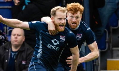 Josh Sims celebrates with Simon Murray after giving Ross County a 3-1 lead against Rangers