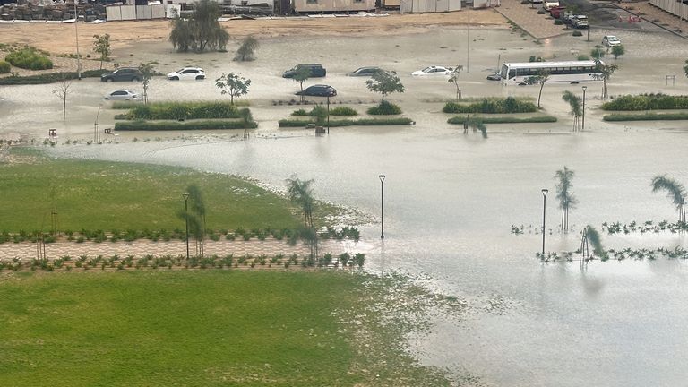 Cars drive through a flooded street during a rain storm in Dubai.
Pic: Reuters