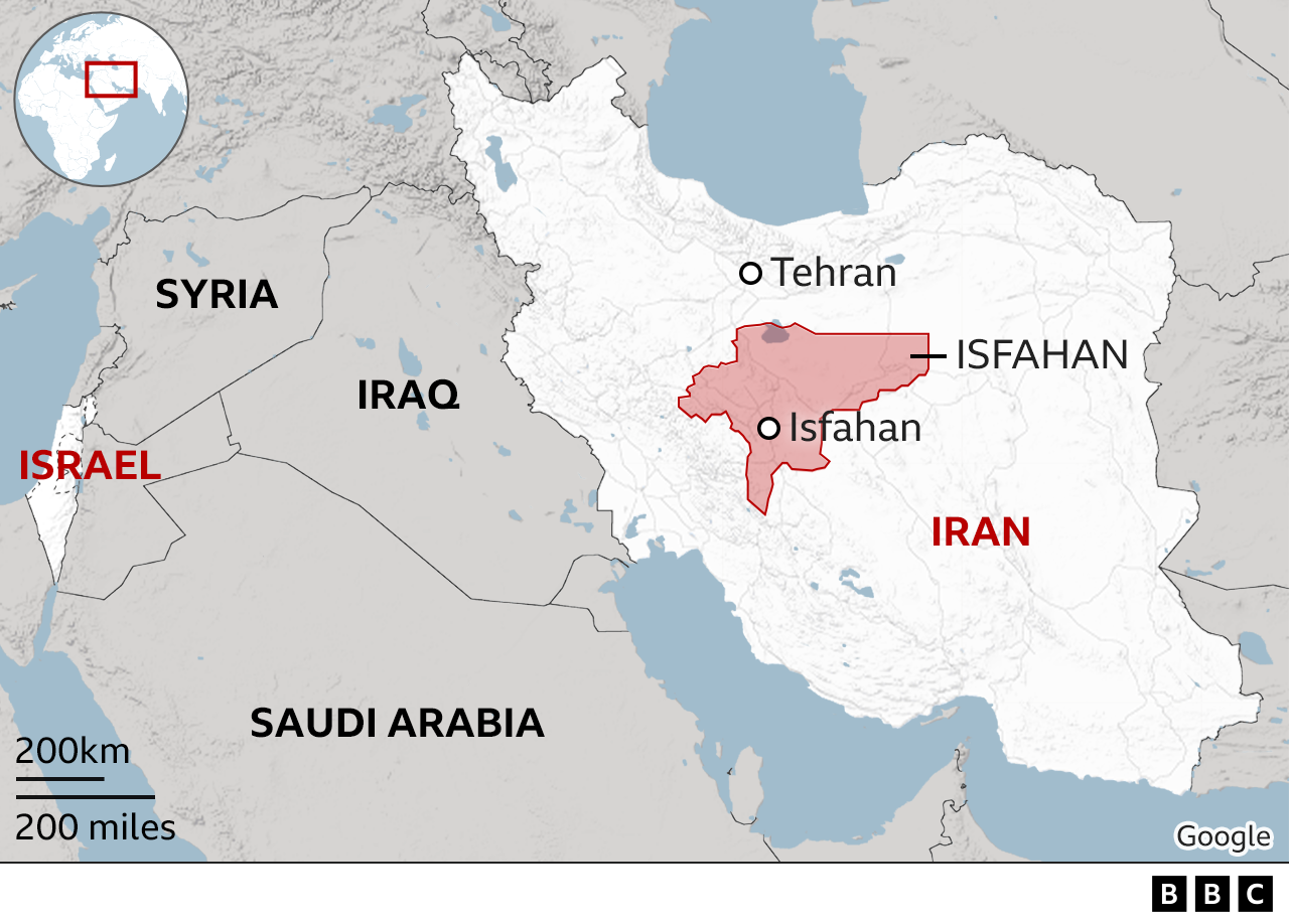 Map showing Israel and Iran