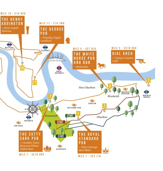 Map showing pubs near the start of the race 