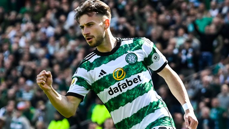 Celtic's Nicolas Kuhn celebrates as he scores to make it 1-1 during the Scottish Cup semi-final