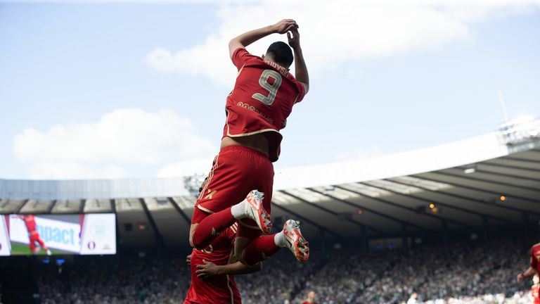 Bojan Miovski celebrates Aberdeen's early opener against Celtic