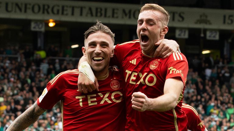 Aberdeen's Angus MacDonald celebrates with Killian Phillips after scoring to make it 3-3