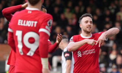 Liverpool's Diogo Jota celebrates scoring their side's third goal of the game