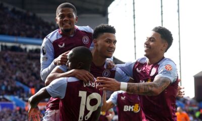 Aston Villa's Moussa Diaby celebrates with Ollie Watkins, Leon Bailey and Morgan Rogers after scoring Villa's second goal of the game