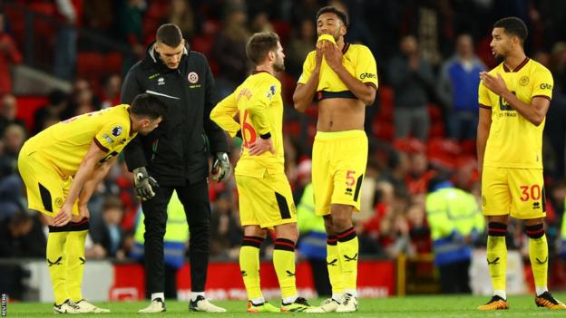 Sheffield United players commiserate on the pitch at full time