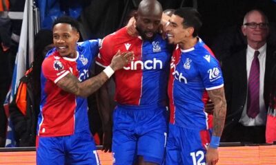 Crystal Palace's Jean-Philippe Mateta (centre) celebrates scoring their side's first goal of the game with team-mates Nathanial Clyne (left) and Daniel Munoz