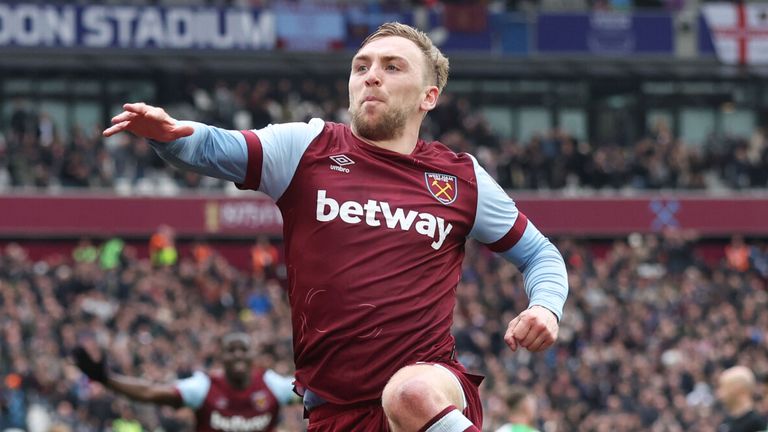 Jarrod Bowen leaps in celebration after giving West Ham the lead against Liverpool