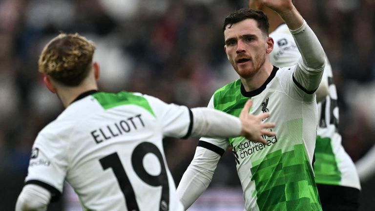 Andy Robertson celebrates after equalising for Liverpool at West Ham