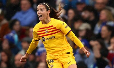 Aitana Bonmati celebrates after scoring for Barcelona at Stamford Bridge