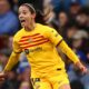 Aitana Bonmati celebrates after scoring for Barcelona at Stamford Bridge