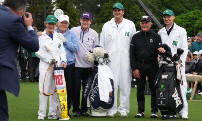 Jack Nicklaus poses for a photograph alongside Tom Watson and Gary Player before the first round of the Masters Tournament after the 2024 ceremonial tee shot. (Photo: Kyle Terada-USA TODAY Sports)