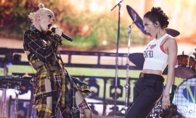 INDIO, CALIFORNIA - APRIL 13: (L-R) Gwen Stefani of No Doubt and Olivia Rodrigo perform at the Coachella Stage during the 2024 Coachella Valley Music and Arts Festival at Empire Polo Club on April 13, 2024 in Indio, California. (Photo by John Shearer/Getty Images for No Doubt)