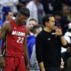 PHILADELPHIA, PENNSYLVANIA - APRIL 17: Head coach Erik Spoelstra and Jimmy Butler #22 of the Miami Heat during the fourth quarter against the Philadelphia 76ers during the Eastern Conference Play-In Tournament at the Wells Fargo Center on April 17, 2024 in Philadelphia, Pennsylvania. NOTE TO USER: User expressly acknowledges and agrees that, by downloading and or using this photograph, User is consenting to the terms and conditions of the Getty Images License Agreement. (Photo by Tim Nwachukwu/Getty Images)