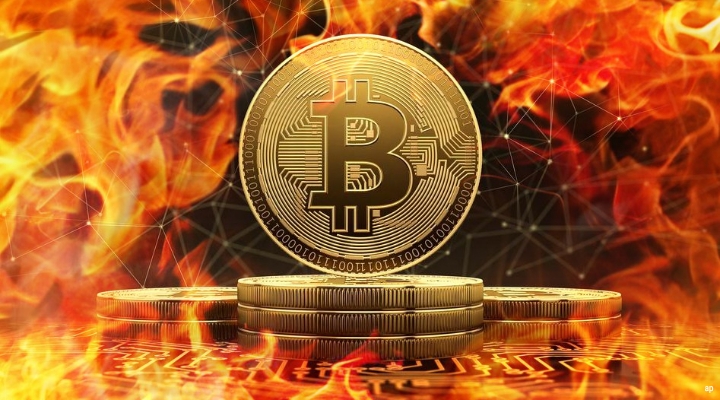 Bitcoin symbol engulfed in flames
