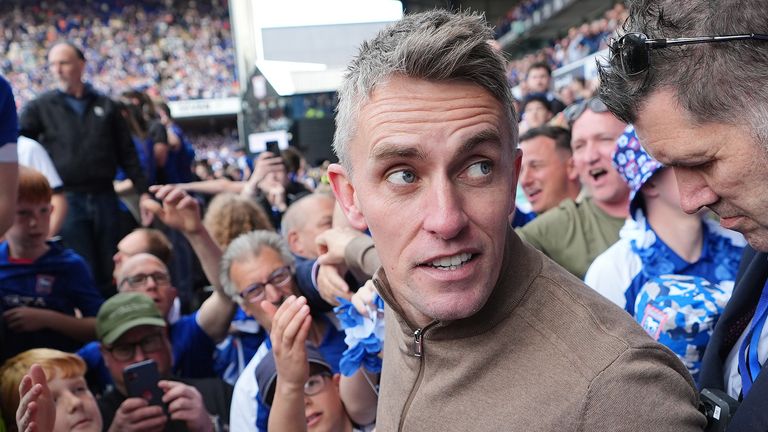 Ipswich Town manager Kieran McKenna celebrates. Pic: PA