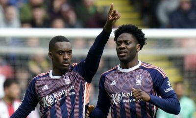 Nottingham Forest's Callum Hudson-Odoi (left) celebrates after scoring their equaliser