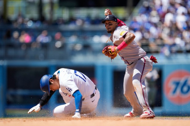 Los Angeles Dodgers designated hitter Shohei Ohtani is out at...