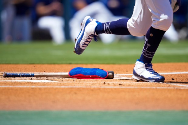 Los Angeles Dodgers shortstop Mookie Betts walks during the first...