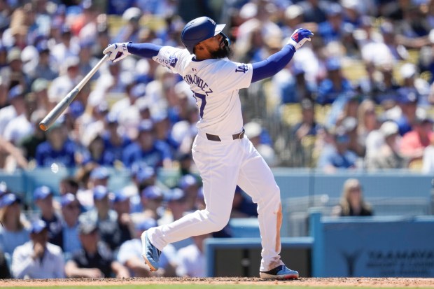 Los Angeles Dodgers’ Teoscar Hernández hits a home run during...