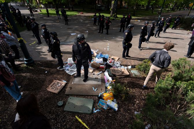 Police officers block off an area on the Portland State University campus in Portland, Oregon, on Thursday, May 2.