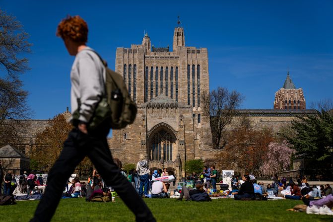 Professional-Palestinian demonstrators sit at Yale College in New Haven, Connecticut, on April 23. College police <a href=