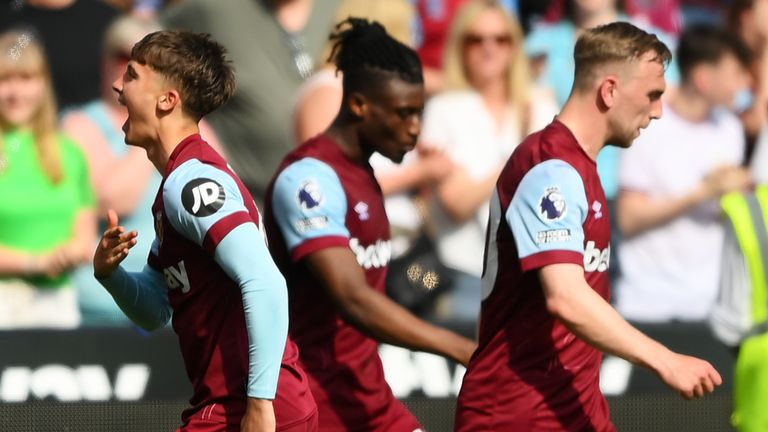 Substitute George Earthy celebrates after scoring West Ham's third goal against Luton