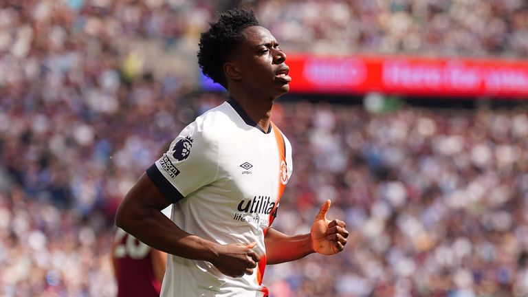 Albert Sambi Lokonga celebrates after scoring Luton's opening goal at West Ham