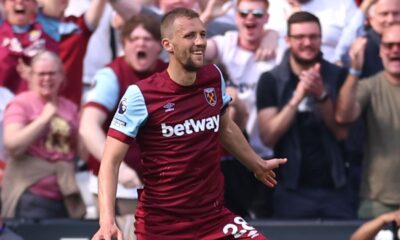 Tomas Soucek celebrates after his sweet volley gives West Ham a 2-1 lead against Luton