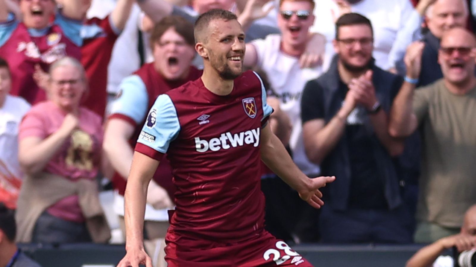 Tomas Soucek celebrates after his sweet volley gives West Ham a 2-1 lead against Luton