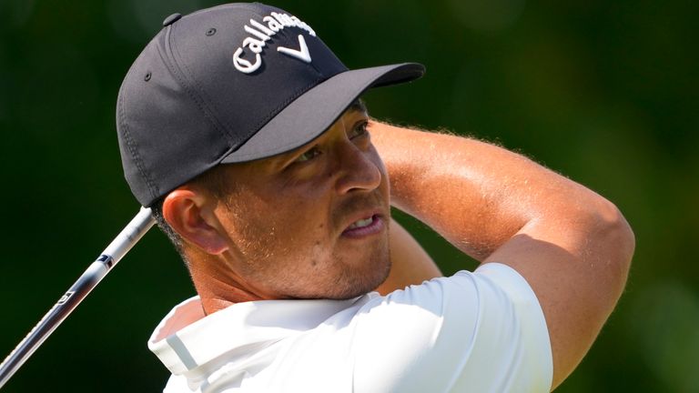 Xander Schauffele watches his tee shot on the 18th hole during the first round of the PGA Championship golf tournament at the Valhalla Golf Club, Thursday, May 16, 2024, in Louisville, Ky. (AP Photo/Matt York)