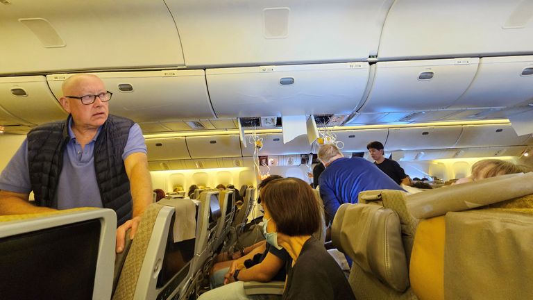 Pic: Reuters
The interior of Singapore Airline flight SQ321 is pictured after an emergency landing at Bangkok's Suvarnabhumi International Airport, in Bangkok, Thailand May 21, 2024. Obtained by Reuters/Handout via REUTERS THIS IMAGE HAS BEEN SUPPLIED BY A THIRD PARTY. NO RESALES. NO ARCHIVES