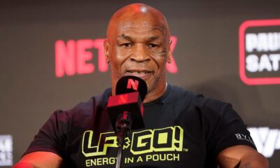 Mike Tyson during a news conference promoting his upcoming boxing bout against Jake Paul. Pic: AP