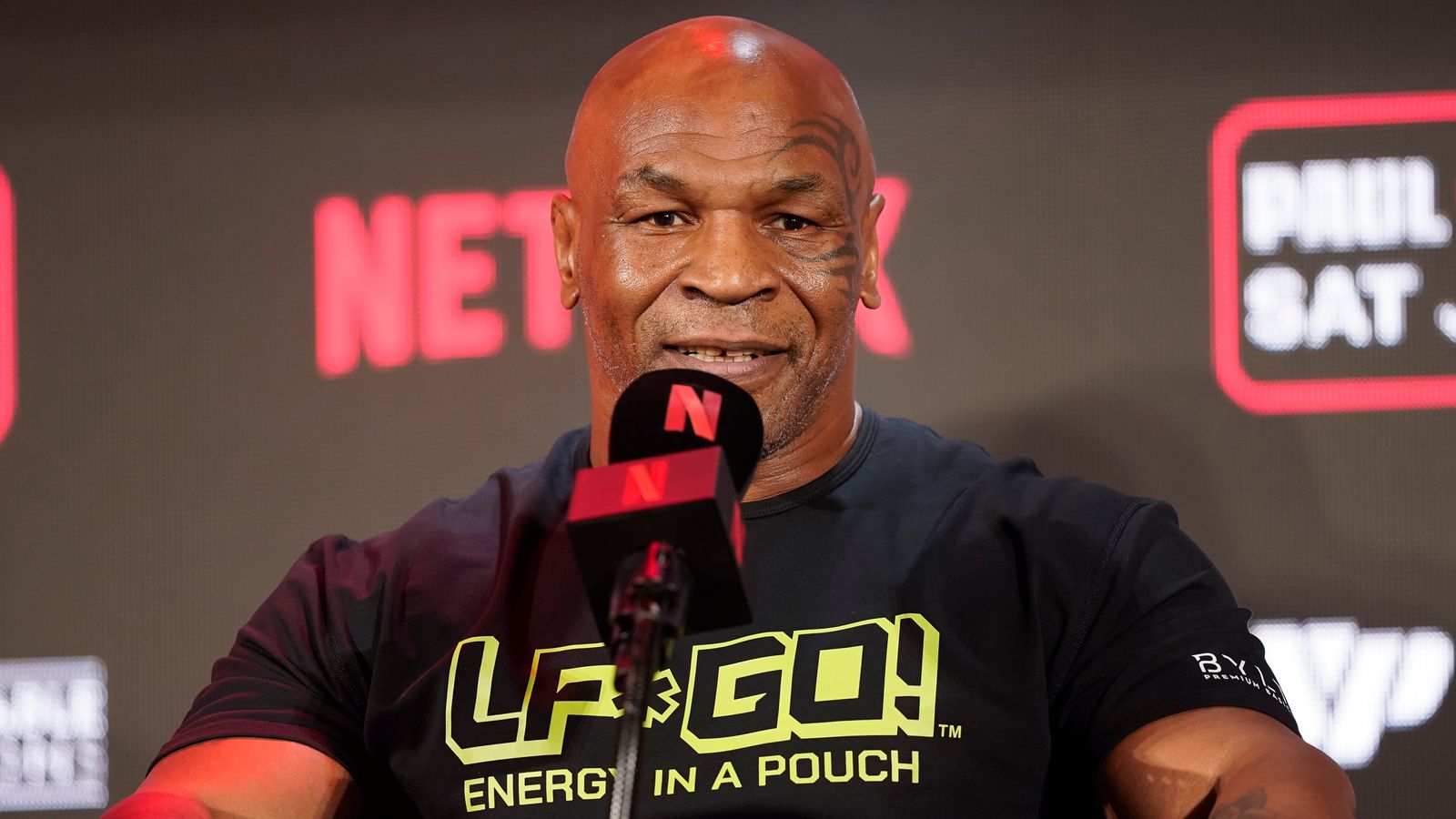 Mike Tyson during a news conference promoting his upcoming boxing bout against Jake Paul. Pic: AP