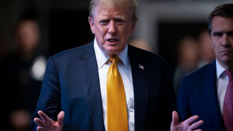 Former President Donald Trump speaks to reporters at Manhattan Criminal Court in New York, Wednesday, May 29, 2024. Pic: AP