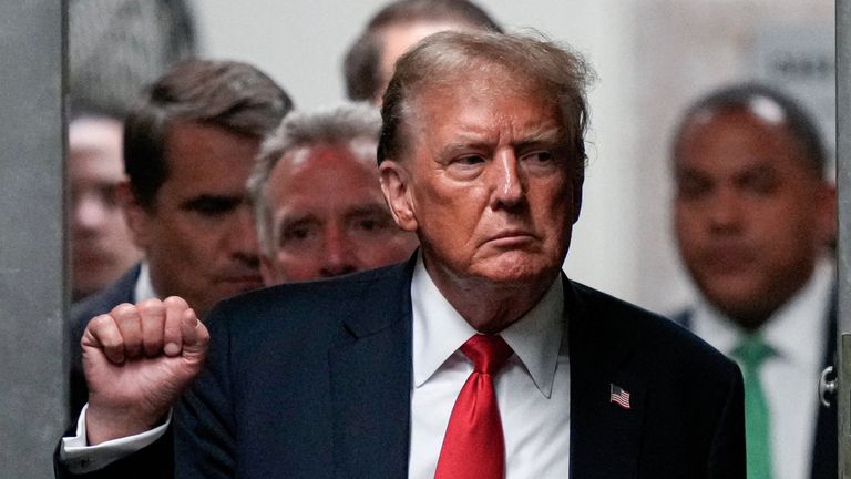 Republican presidential candidate and former U.S. President Donald Trump gestures while returning from a break, as closing arguments continue during the criminal trial over charges that he falsified business records to conceal money paid to silence porn star Stormy Daniels in 2016 continues, at Manhattan state court in New York City, U.S. May 28, 2024. Julia Nikhinson/Pool via REUTERS
