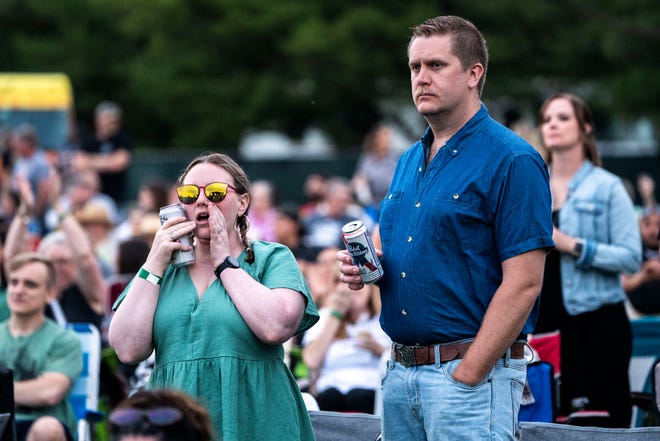 People cheer as Willie Nelson and Family performs at Lauridsen Amphitheater at Water Works Park on Saturday, May 25, 2024, in Des Moines.