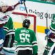 Colorado Avalanche left wing Artturi Lehkonen (62) reacts after teammate defenseman Cale Makar (8) scored a goal against the Dallas Stars during the third period in Game 5 of an NHL hockey Stanley Cup second-round playoff series, Wednesday, May 15, 2024, in Dallas. Looking on are Stars' Thomas Harley (55) and Tyler Seguin (91). (AP Photo/Tony Gutierrez)