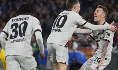 Bayer Leverkusen's record unbeaten march continues with a 2-0 win at Roma in Europa League