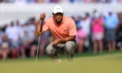 LOUISVILLE, KENTUCKY - MAY 16: Tiger Woods of the United States lines up a putt on the 14th green during the first round of the 2024 PGA Championship at Valhalla Golf Club on May 16, 2024 in Louisville, Kentucky. (Photo by Christian Petersen/Getty Images)