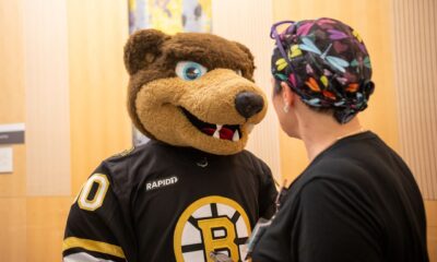 PHOTOS: Boston Bruins mascot Blades surprises nurses before Stanley Cup Playoffs