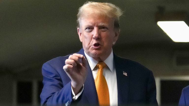 Pic: Reuters
Republican presidential candidate and former U.S. President Donald Trump gestures as he speaks to the media next to his attorney Todd Blanche, as his criminal trial over charges that he falsified business records to conceal money paid to silence porn star Stormy Daniels in 2016 continues, in New York City, U.S., May 7, 2024. REUTERS/David Dee Delgado/Pool