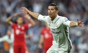 Real Madrid's Portuguese striker Cristiano Ronaldo celebrates after his second goal during the UEFA Champions League quarter-final second leg against Bayern Munich at the Santiago Bernabeu in 2017.